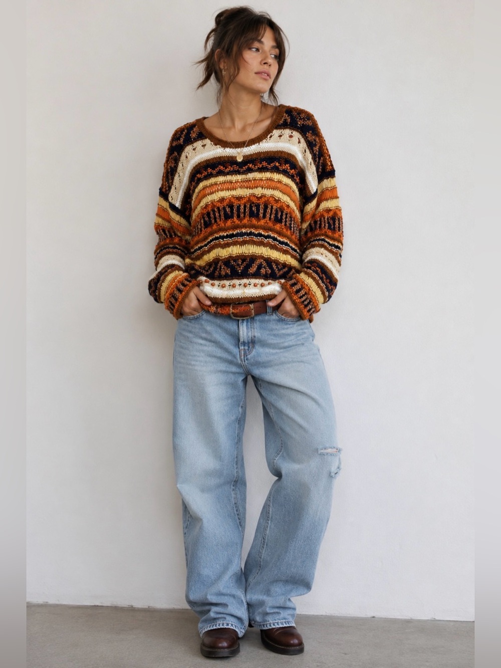 Casual Corner Vintage Hand Knit Boho Sweater L Striped Beaded 90s